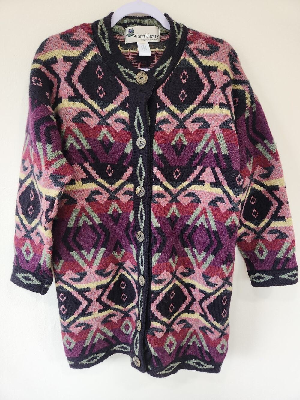 Whortleberry Cardigan Sweater Wool Scotland 3/4 Length Medium Geo Aztec